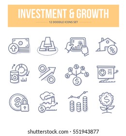 Doodle vector line icons of investing in business or industry, real estate, gold, putting money to work, fund rising