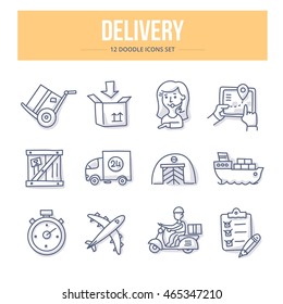 Doodle vector line icons set of delivery services and logistics