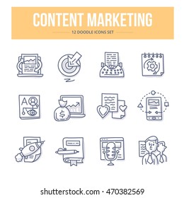 Conjunto de ícones de linha vetorial Doodle de gerenciamento de conteúdo e marketing digital