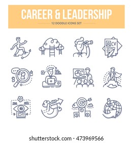 Doodle vector line icons set of leadership, career building and professional development