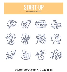 Doodle vector line icons set of business start-up, startup strategy, innovations and setting business goals