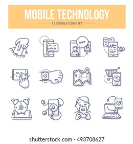 Doodle vector line icons set of using mobile technology in business and everyday life