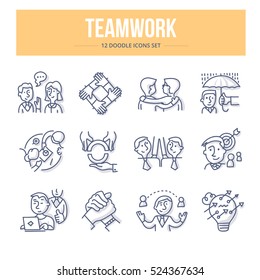 Doodle vector line icons of teamwork, partnership and social communication in business