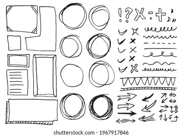 Doodle vector lines and curves.Hand drawn check and arrows signs. Set of simple doodle lines, curves, frames and spots. Collection of pencil effects. Doodle border. Simple doodle set.