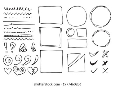 Doodle vector lines and curves.Hand drawn check and arrows signs. Set of simple doodle lines, curves, frames and spots. Collection of pencil effects. Doodle border. Simple doodle set.