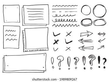 Doodle vector lines and curves.Hand drawn check and arrows signs. Set of simple doodle lines, curves, frames and spots. Collection of pencil effects. Doodle border. Simple doodle set.