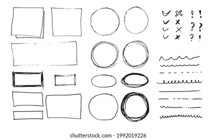 Doodle Vektorlinien und -kurven. Handgezeichnete Scheck- und Pfeile-Schilder. Satz von einfachen doodle Linien, Kurven, Rahmen und Flecken. Sammlung von Bleistift-Effekten. Doodle-Grenze. Einfaches Doodle-Set.