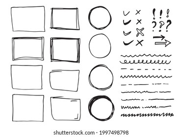 Doodle vector lines and curves.Hand drawn check and arrows signs. Set of simple doodle lines, curves, frames and spots. Collection of pencil effects. Doodle border. Simple doodle set.