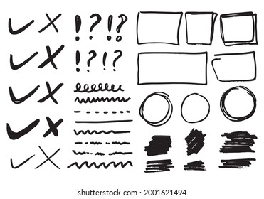 Doodle vector lines and curves.Hand drawn check and arrows signs. Set of simple doodle lines, curves, frames and spots. Collection of pencil effects. Doodle border. Simple doodle set.
