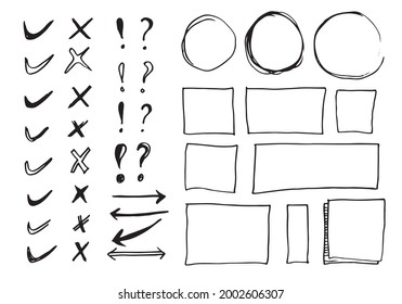 Doodle vector lines and curves.Hand drawn check and arrows signs. Set of simple doodle lines, curves, frames and spots. Collection of pencil effects. Doodle border. Simple doodle set.