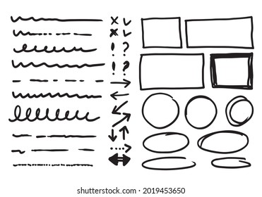 Doodle Vektorlinien und -kurven. Handgezeichnete Scheck- und Pfeile-Schilder. Satz von einfachen doodle Linien, Kurven, Rahmen und Flecken. Sammlung von Bleistift-Effekten. Doodle-Grenze. Einfaches Doodle-Set.
