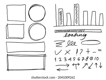 Doodle vector lines and curves.Hand drawn check and arrows signs. Set of simple doodle lines, curves, frames and spots. Collection of pencil effects. Doodle border. Simple doodle set.