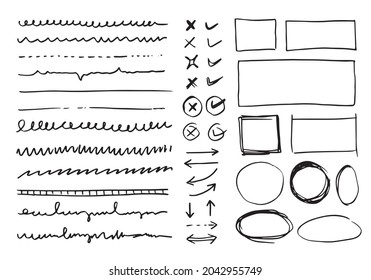 Doodle vector lines and curves.Hand drawn check and arrows signs. Set of simple doodle lines, curves, frames and spots. Collection of pencil effects. Doodle border. Simple doodle set.