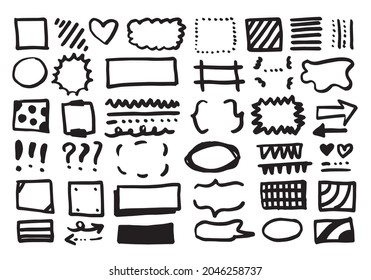 Doodle vector lines and curves.Hand drawn check and arrows signs. Set of simple doodle lines, curves, frames and spots. Collection of pencil effects. Doodle border. Simple doodle set.