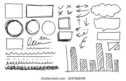 Doodle vector lines and curves.Hand drawn check and arrows signs. Set of simple doodle lines, curves, frames and spots. Collection of pencil effects. Doodle border. Simple doodle set.