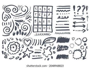 Doodle vector lines and curves.Hand drawn check and arrows signs. Set of simple doodle lines, curves, frames and spots. Collection of pencil effects. Doodle border. Simple doodle set.