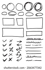 Doodle vector lines and curves.Hand drawn check and arrows signs. Set of simple doodle lines, curves, frames and spots. Collection of pencil effects. Doodle border. Simple doodle set.