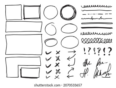 Doodle vector lines and curves.Hand drawn check and arrows signs. Set of simple doodle lines, curves, frames and spots. Collection of pencil effects. Doodle border. Simple doodle set.