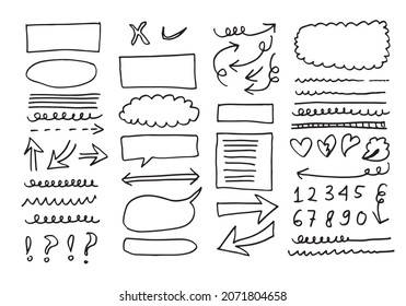 Doodle vector lines and curves.Hand drawn check and arrows signs. Set of simple doodle lines, curves, frames and spots. Collection of pencil effects. Doodle border. Simple doodle set.