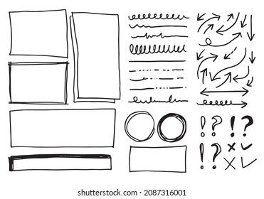 Doodle Vektorlinien und -kurven. Handgezeichnete Scheck- und Pfeile-Schilder. Satz von einfachen doodle Linien, Kurven, Rahmen und Flecken. Sammlung von Bleistift-Effekten. Doodle-Grenze. Einfaches Doodle-Set.