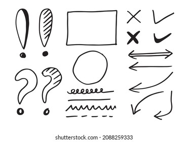 Doodle Vektorlinien und -kurven. Handgezeichnete Scheck- und Pfeile-Schilder. Satz von einfachen doodle Linien, Kurven, Rahmen und Flecken. Sammlung von Bleistift-Effekten. Doodle-Grenze. Einfaches Doodle-Set.