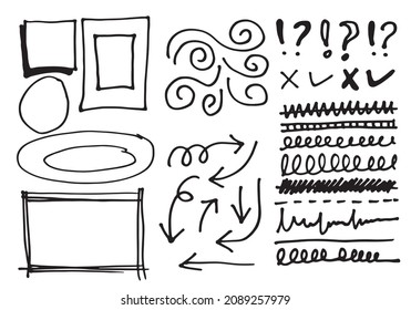 Doodle Vektorlinien und -kurven. Handgezeichnete Scheck- und Pfeile-Schilder. Satz von einfachen doodle Linien, Kurven, Rahmen und Flecken. Sammlung von Bleistift-Effekten. Doodle-Grenze. Einfaches Doodle-Set.