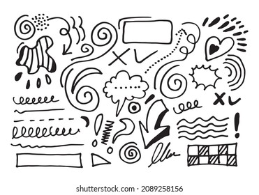 Doodle Vektorlinien und -kurven. Handgezeichnete Scheck- und Pfeile-Schilder. Satz von einfachen doodle Linien, Kurven, Rahmen und Flecken. Sammlung von Bleistift-Effekten. Doodle-Grenze. Einfaches Doodle-Set.