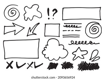 Doodle Vektorlinien und -kurven. Handgezeichnete Scheck- und Pfeile-Schilder. Satz von einfachen doodle Linien, Kurven, Rahmen und Flecken. Sammlung von Bleistift-Effekten. Doodle-Grenze. Einfaches Doodle-Set.