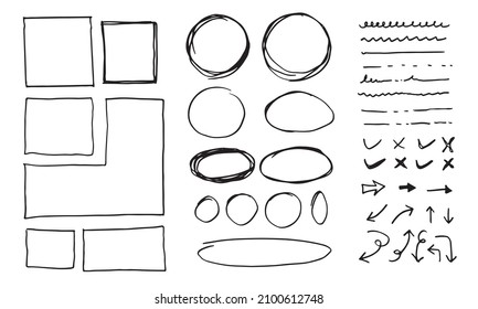 Líneas vectoriales y curvas de garabato.Señales de verificación dibujadas a mano y flechas. Conjunto de simples líneas de doodle, curvas, marcos y puntos. Colección de efectos de lápiz. Borde de Doodle. Juego simple de garabatos.