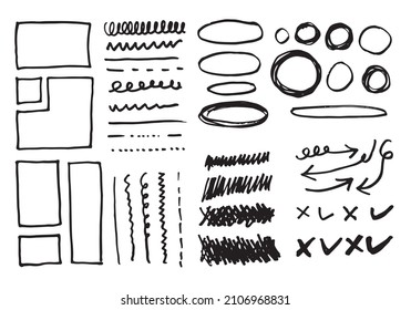 Doodle Vektorlinien und -kurven. Handgezeichnete Scheck- und Pfeile-Schilder. Satz von einfachen doodle Linien, Kurven, Rahmen und Flecken. Sammlung von Bleistift-Effekten. Doodle-Grenze. Einfaches Doodle-Set.
