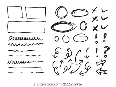 Doodle Vektorlinien und -kurven. Handgezeichnete Scheck- und Pfeile-Schilder. Satz von einfachen doodle Linien, Kurven, Rahmen und Flecken. Sammlung von Bleistift-Effekten. Doodle-Grenze. Einfaches Doodle-Set.