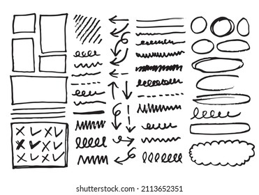 Doodle Vektorlinien und -kurven. Handgezeichnete Scheck- und Pfeile-Schilder. Satz von einfachen doodle Linien, Kurven, Rahmen und Flecken. Sammlung von Bleistift-Effekten. Doodle-Grenze. Einfaches Doodle-Set.
