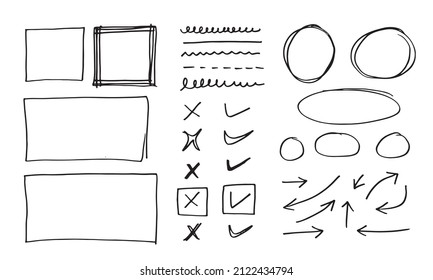 Doodle Vektorlinien und -kurven. Handgezeichnete Scheck- und Pfeile-Schilder. Satz von einfachen doodle Linien, Kurven, Rahmen und Flecken. Sammlung von Bleistift-Effekten. Doodle-Grenze. Einfaches Doodle-Set.