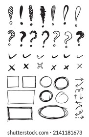 Doodle Vektorlinien und -kurven. Handgezeichnete Scheck- und Pfeile-Schilder. Satz von einfachen doodle Linien, Kurven, Rahmen und Flecken. Sammlung von Bleistift-Effekten. Doodle-Grenze. Einfaches Doodle-Set.