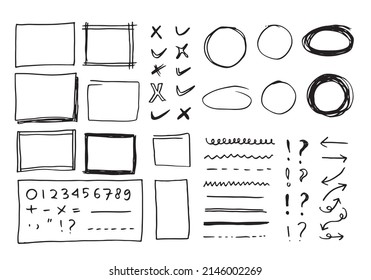 Doodle vector lines and curves.Hand drawn check and arrows signs. Set of simple doodle lines, curves, frames and spots. Collection of pencil effects. Doodle border. Simple doodle set.