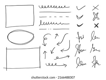 Doodle vector lines and curves.Hand drawn check and arrows signs. Set of simple doodle lines, signature, frames and spots. Collection of pencil effects. Doodle border. Simple doodle set.