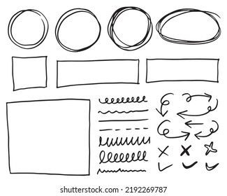 Doodle Vektorlinien und -kurven. Handgezeichnete Scheck- und Pfeile-Schilder. Satz von einfachen doodle Linien, Kurven, Rahmen und Flecken. Sammlung von Bleistift-Effekten. Doodle-Grenze. Einfaches Doodle-Set.