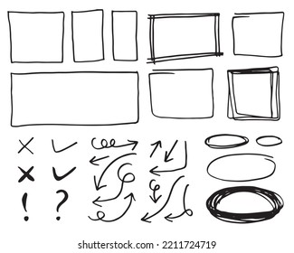 Doodle vector lines and curves.Hand drawn check and arrows signs. Set of simple doodle lines, curves, frames and spots. Collection of pencil effects. Doodle border. Simple doodle set.