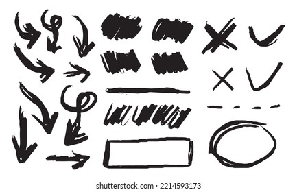 Doodle vector lines and curves.Hand drawn check and arrows signs. Set of simple doodle lines, curves, frames and spots. Collection of pencil effects. Doodle border. Simple doodle set.