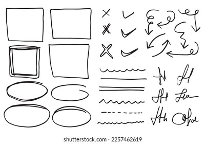 Doodle Vektorlinien und -kurven.Handgezeichnete Kontrolle und Pfeile Zeichen.Rahmen und Flecken.