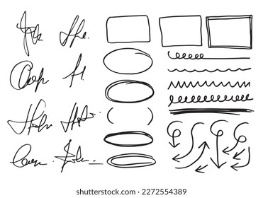 Doodle vector lines and curves.Hand drawn check and arrows signs. Set of simple doodle lines, curves, frames and spots. Collection of pencil effects. Doodle border. Simple doodle set.