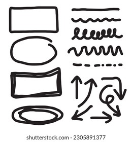 Doodle Vektorlinien und -kurven. Handgezeichnete Scheck- und Pfeile-Schilder. Satz von einfachen doodle Linien, Kurven, Rahmen und Flecken. Sammlung von Bleistift-Effekten. Doodle-Grenze. Einfaches Doodle-Set.