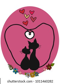 a doodle vector of in love couple silhouette black cats, sitting close together with heart tails and hearts, idea for valentine, love and wedding concept and printing. 