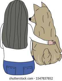 Doodle vector is in love dog and adoption concept. The cartoon Illustration shows back view of canine  with a girl or its female owner hugging it closely. The vector is isolated and editable stoke.