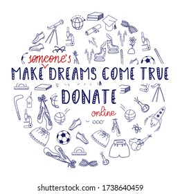 Doodle vector. Make dreams come true educational charity concept illustration. Giving scholarships for people of different nationalities. Donate online money, clothes for people in need.