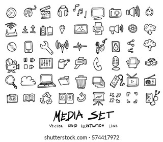 Doodle vector media icons set illustration drawing.