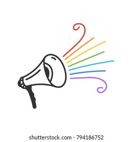 Doodle vector megaphone with rainbow colored speech beams. Concept for creative talks, announcements, presentation.