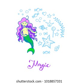 Doodle Vector Mermaid card. Fancy childish style.