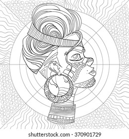 Doodle Vector Monochrome Decorative Afro Woman Profile With Beautiful Pattern Hair.
Coloring Book Anti Stress For Adult And Older Children. Coloring Page With Vintage Ornament.