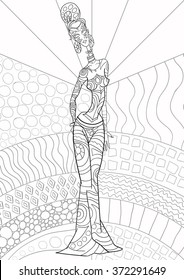 Doodle Vector Monochrome geometric Decorative afro woman profile with Beautiful Pattern hair. Coloring book anti stress for adult and older children. Coloring page with vintage ornament.